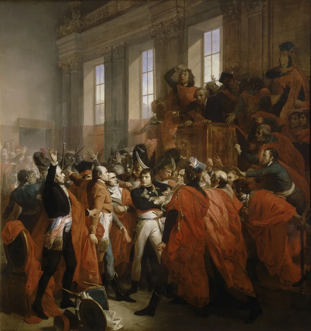 A François Bouchot painting of Napoleon surrounded by members of the Council of Five Hundred during the Coup of 18 Brumaire