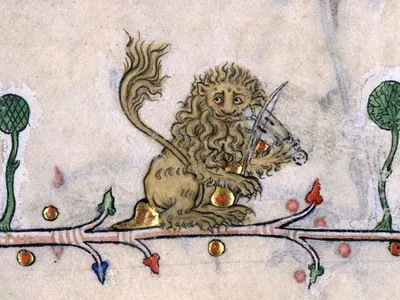 A drawing of a musical lion from 14th-century France