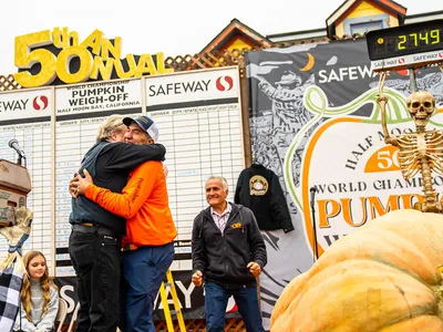 Travis Gienger attends the weigh-in for his 2,749-pound gourd at the&nbsp;2023 World Championship Pumpkin Weigh-Off.&nbsp;