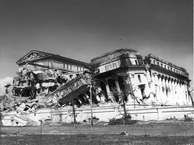 Damage to the Philippine Legislative Building as a result of World War II. At the time, the Philippines was a U.S. colony.