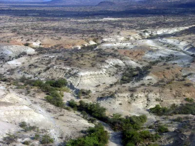 An overview of the Olorgesailie basin landscape, where the archeological site exists that contains stone weapons and tools