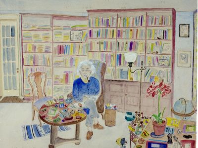 Plunguian’s watercolor of Einstein in his Princeton office. 