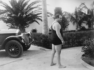 Chicago gangster Al Capone wearing a bathing suit at his Florida home. Ca. 1929-31