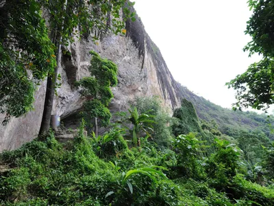 Exterior view of the entrance of Fa-Hien Lena cave in Sri Lanka, where archaeological evidence suggests humans lived about 45,000 years ago. 