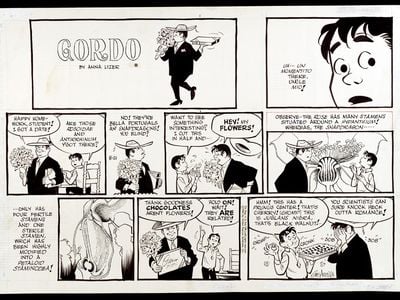 Gordo comic strip. Uncle Mio (wearing a suit and carrying a box of chocolates bouquet of flowers) talks to his nephew, who explains the qualities of different types of flowers. Behind the two figures appear precise, scientific diagrams of flowers.