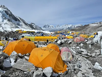 Expedition tents at Everest Base Camp in the Mount Everest region of Solukhumbu District