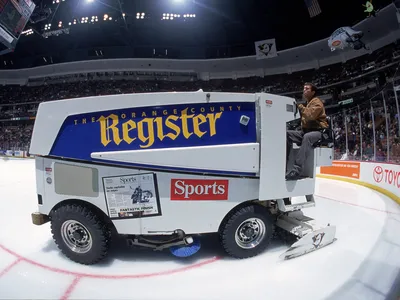 A view of a Zamboni machine at work during a game between the Vancouver Canucks and the Anaheim Mighty Ducks at the Arrowhead Pond in Anaheim, California.