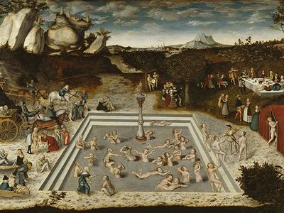 The aged bathe in the restorative waters of the mythical fountain of youth in this 1546 oil painting by German Renaissance artist Lucas Cranach the Elder. Scientists have turned to studies of blood to identify a path to rejuvenating tissues damaged by the aging process.