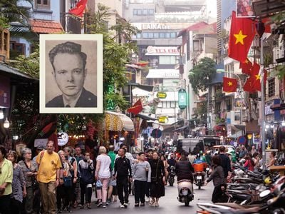 A bustling street in Hanoi, Vietnam, in March 2023, when retired Colonel Robert Certain (pictured in inset) returned as part of a special trip with other veterans.