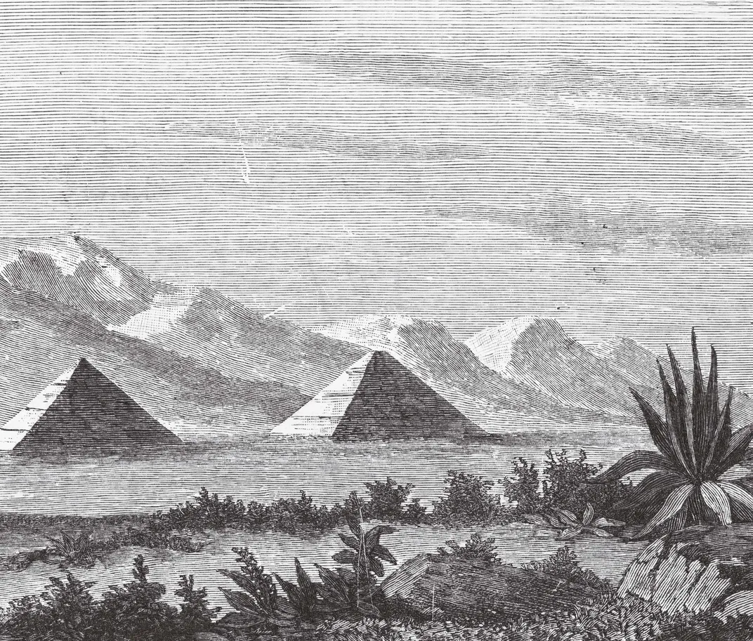 engraving showing pyramids