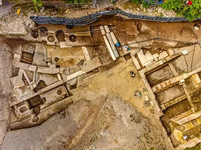 An aerial view of the excavation site, where archaeologists found what they think are the ruins of Emperor Nero&#39;s theater