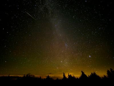 A meteor streaks across the sky during the 2016 Perseid meteor shower in Spruce Knob, West Virginia.
