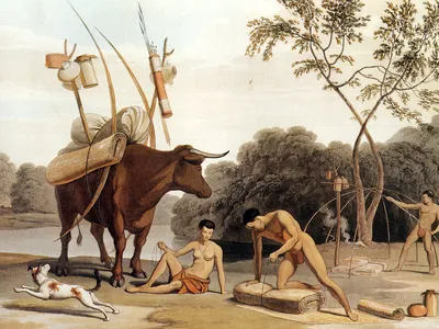 Khoikhoi of South Africa dismantling their huts, preparing to move to new pastures—aquatint by Samuel Daniell (1805). Pastoralism has a rich history in Africa, spreading from the Saharan region to East Africa and then across the continent. 