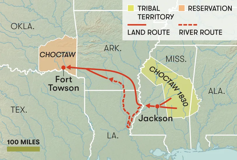 a map showing the forced relocation of the Choctaw to a reservation