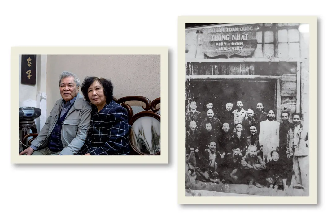 a photograph of a Vietnamese couple next to a black and white group photo
