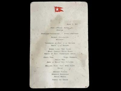 This is the only known first-class Titanic dinner menu of its kind from April 11, 1912.