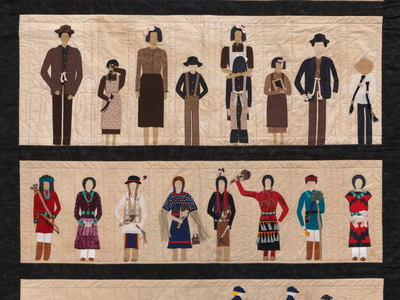 The quilted work Tears of Our Children, Tears for Our Children created by Susan Hudson (Diné/Navajo) depicts the effects of assimilation and boarding schools on the lives of Diné/Navajo children and adults.