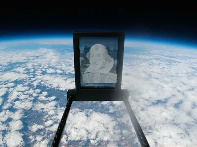 A portrait of William Shakespeare at the edge of space in a still from the short film Lovers and Madmen